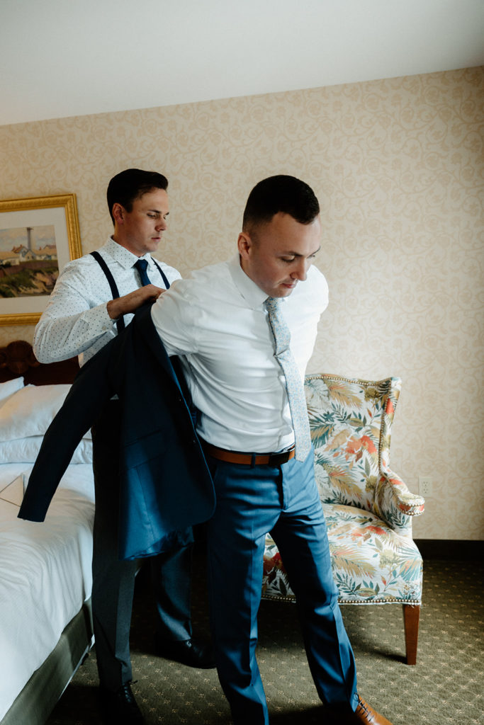 Groom Getting Ready for Otter Cliffs Elopement 