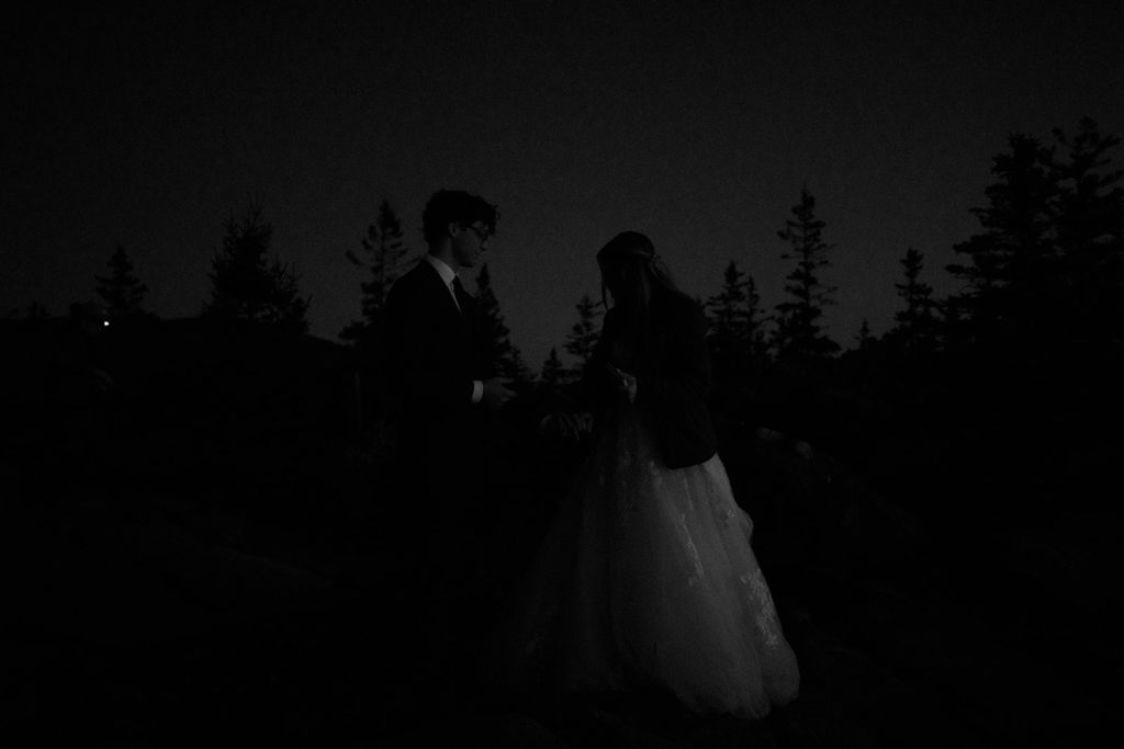 black and white photo of couple about to exchange vows on the coast