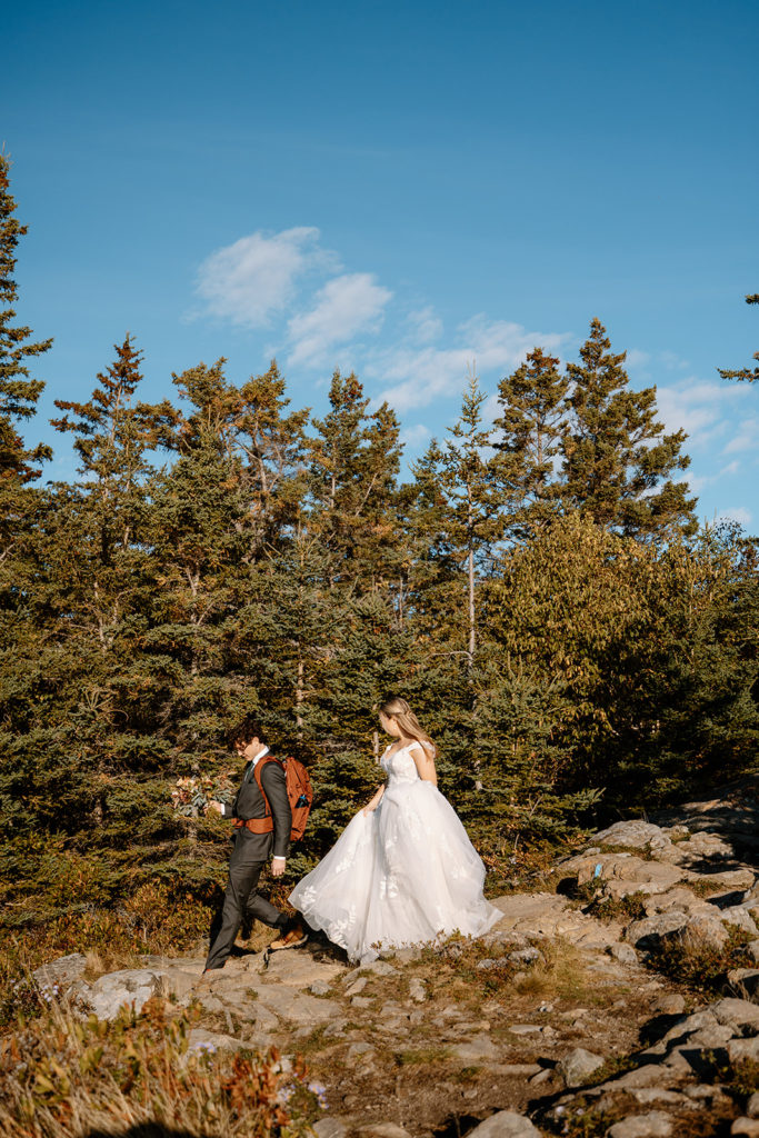 elopement couple hiking in Acadia